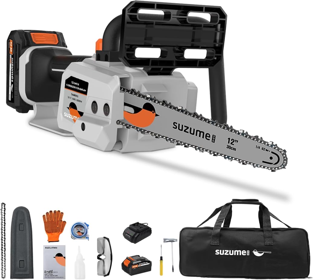 SUZUME Battery Chainsaw 12 Inch, 21V 2x4.0Ah Batteries 2 x Chains Electric Chain saw Cordless with 33 Ft/s Powerful Cutting Auto Oiling for Pruning Fallen Tree Cleaning Wood Cutting DIY