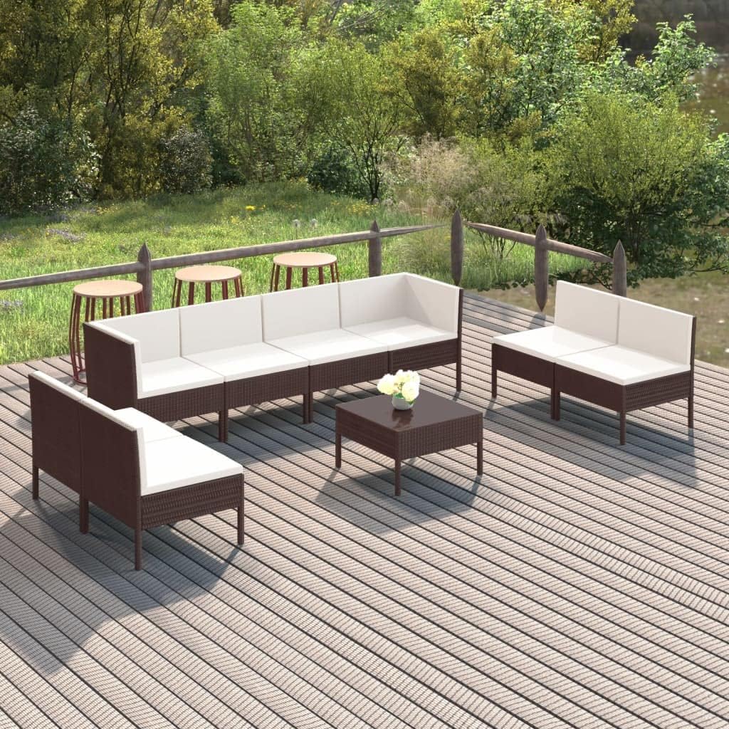 9 Piece Patio Lounge Set with Cushions Poly Rattan Brown,AllWeather Rattan Lounge Set with Cushions for Patio, Backyard, and Garden Relaxation Patio Furniture, Outdoor Furniture Sets