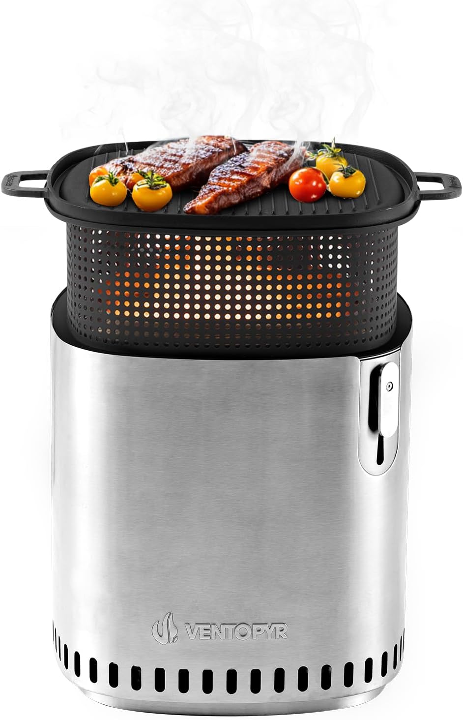 Smokeless Fire Pit, Stainless Steel Stove with Adjustable Firepower, Removable Ash Pan, Portable Camping Fire Table Wood Burning with Grill Grid and Grate for BBQ, Travel