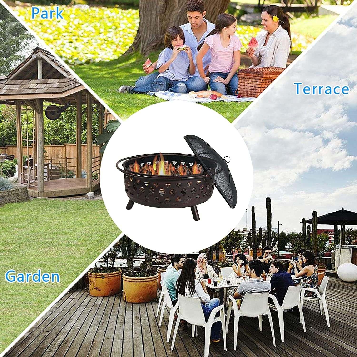 BBQ Grill Outdoor Outdoor Fire Pits, Round Steel Fire Bowl w/Grate Grill, Cover, Stove Ring, Portable Heating Basin, Garden Patio Heater, Camping BBQ Fire Pit