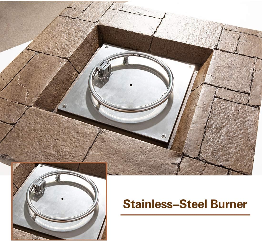 AQUILLA Outdoor Fire Pit w Stone Imitation Surface, 32 inch Square Table, 50,000 BTU Stainless Steel Burner, Free Lava Rocks, 20 Gal Propane Tank Could Set Inside (exclude) for Backyard
