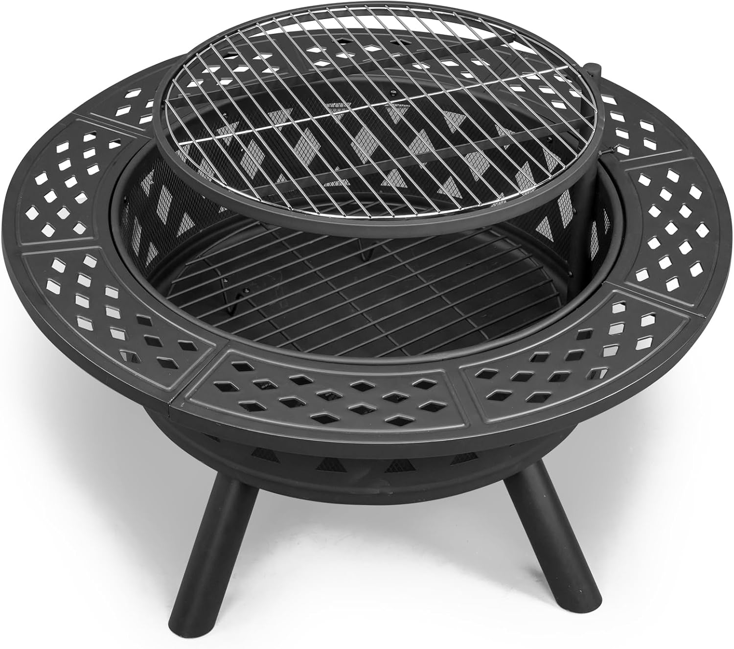 Outdoor Fire Pit with Cooking Grates | Durable Steel Construction | Adjustable Height | 38in Metal | Ideal for Patio, Yard (Black)