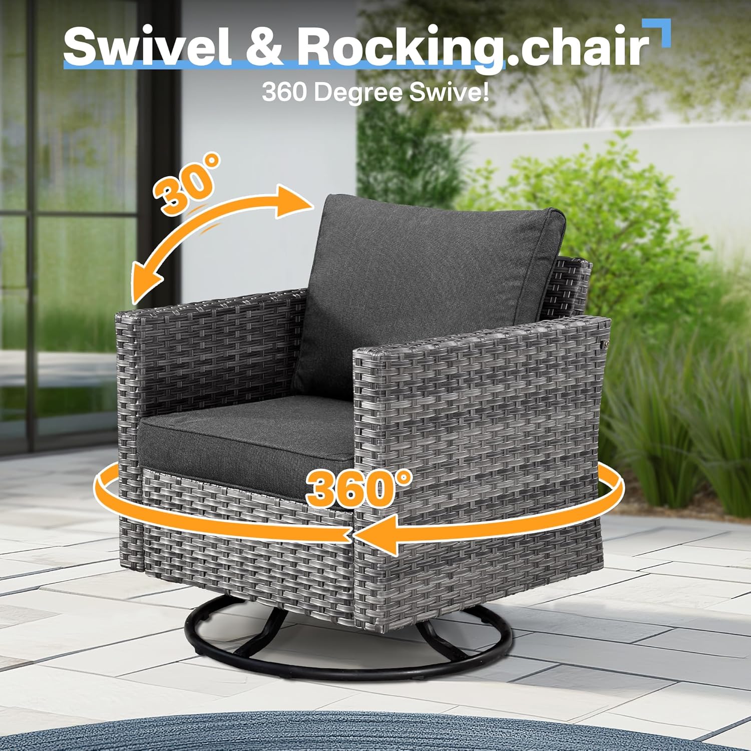 11 Pieces Patio Coversation Set with 42in Fire Pit Table, Outdoor Furniture Modular Couch with Swivel Rocking Chair, Rattan Wicker Sectional Sofa for Porch Balcony Backyard, Black