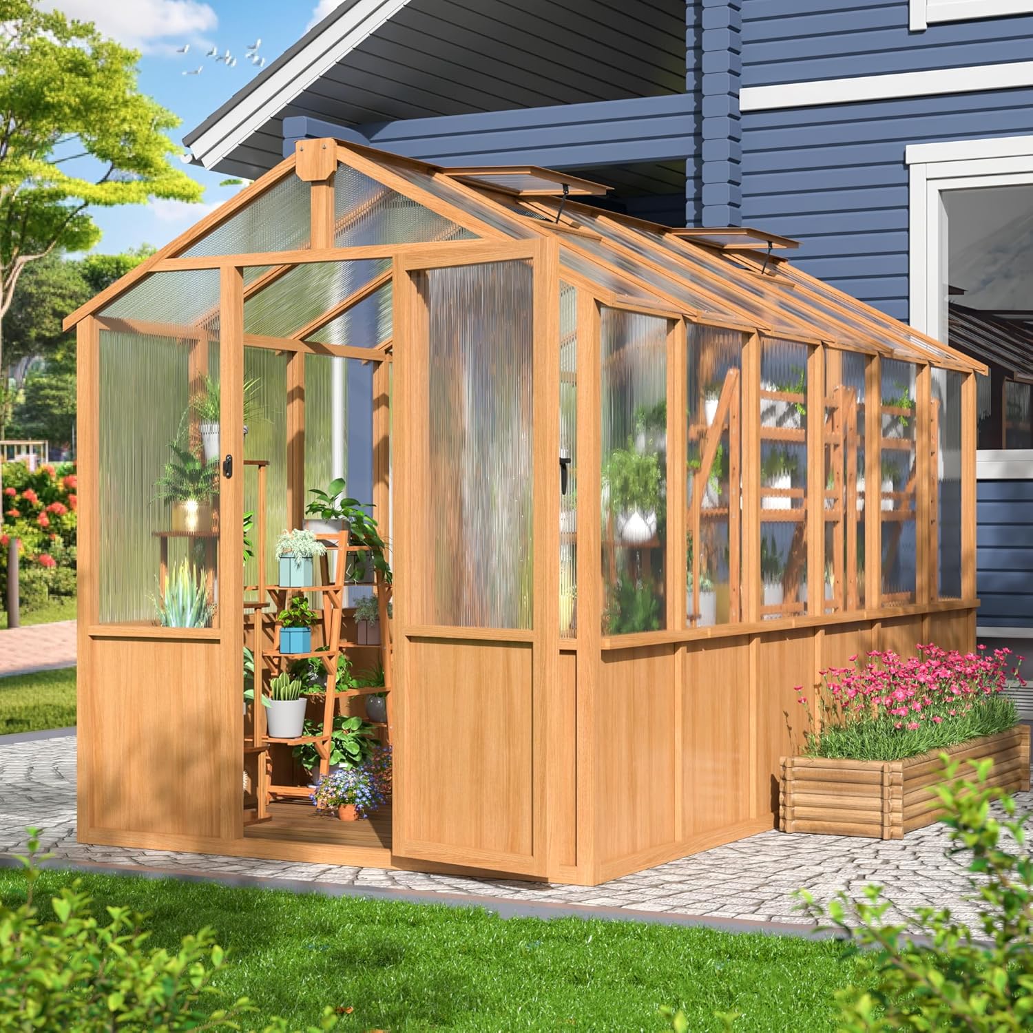 Greenhouse for Outdoor 6x12 FT , 6MM Thick Polycarbonate Panel Wooden Walk-in Green House with Lockable Door and Adjustable Roof Vents, Garden Backyard, Brown