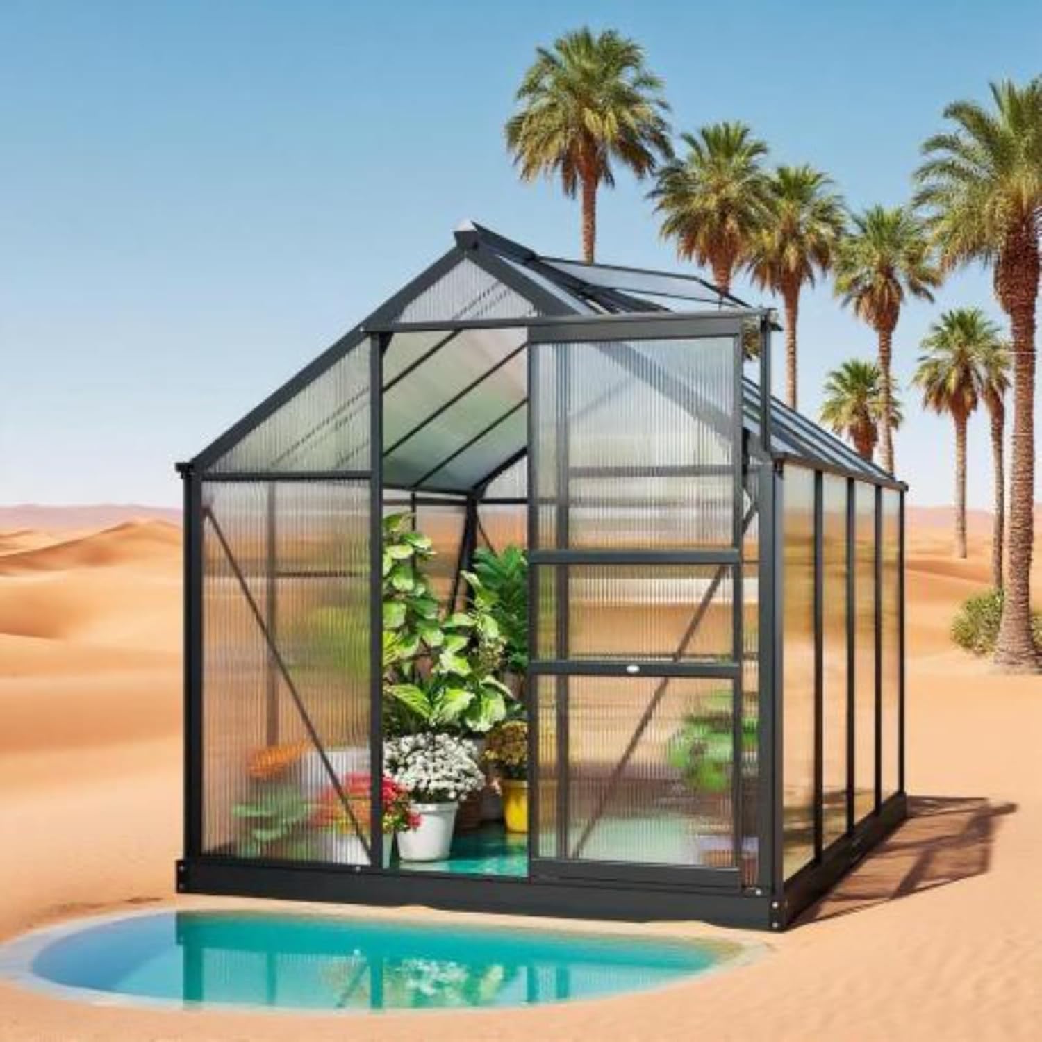 Greenhouse for Outdoors, Heavy Duty Polycarbonate Hot House with Rain Gutter and Roof Vent, Large Aluminum Walk-in Green Houses for Outside Garden, Patio & Backyard (Gray 6.2x8.3x6.6FT)