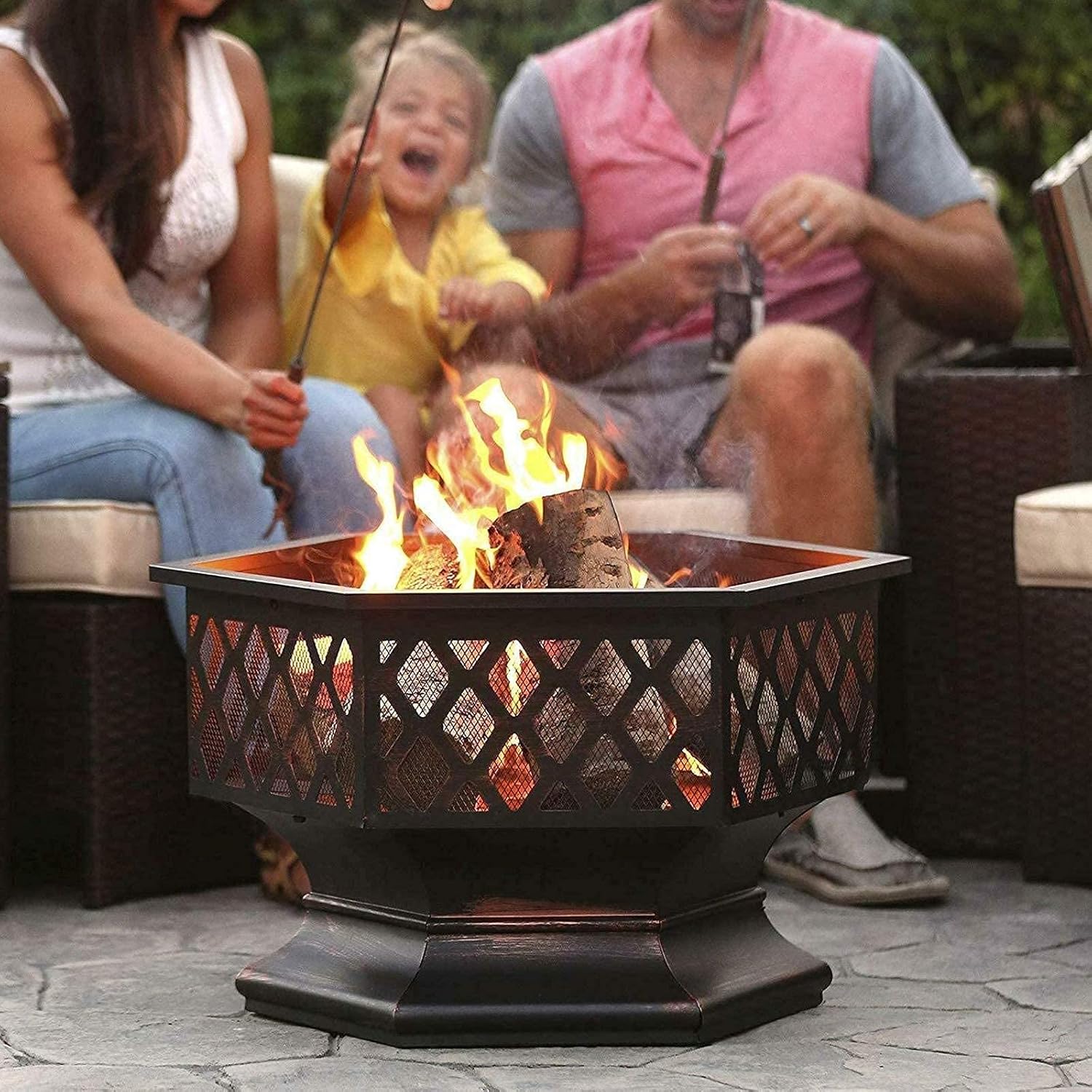 Hexagon Steel Fire Pit with BBQ Grill Shelf, Outdoor Metal Brazier Heater with Poker and Spark Screen, Bonfire Firebowl for Outside Camping Patio Garden Backyard Picnic