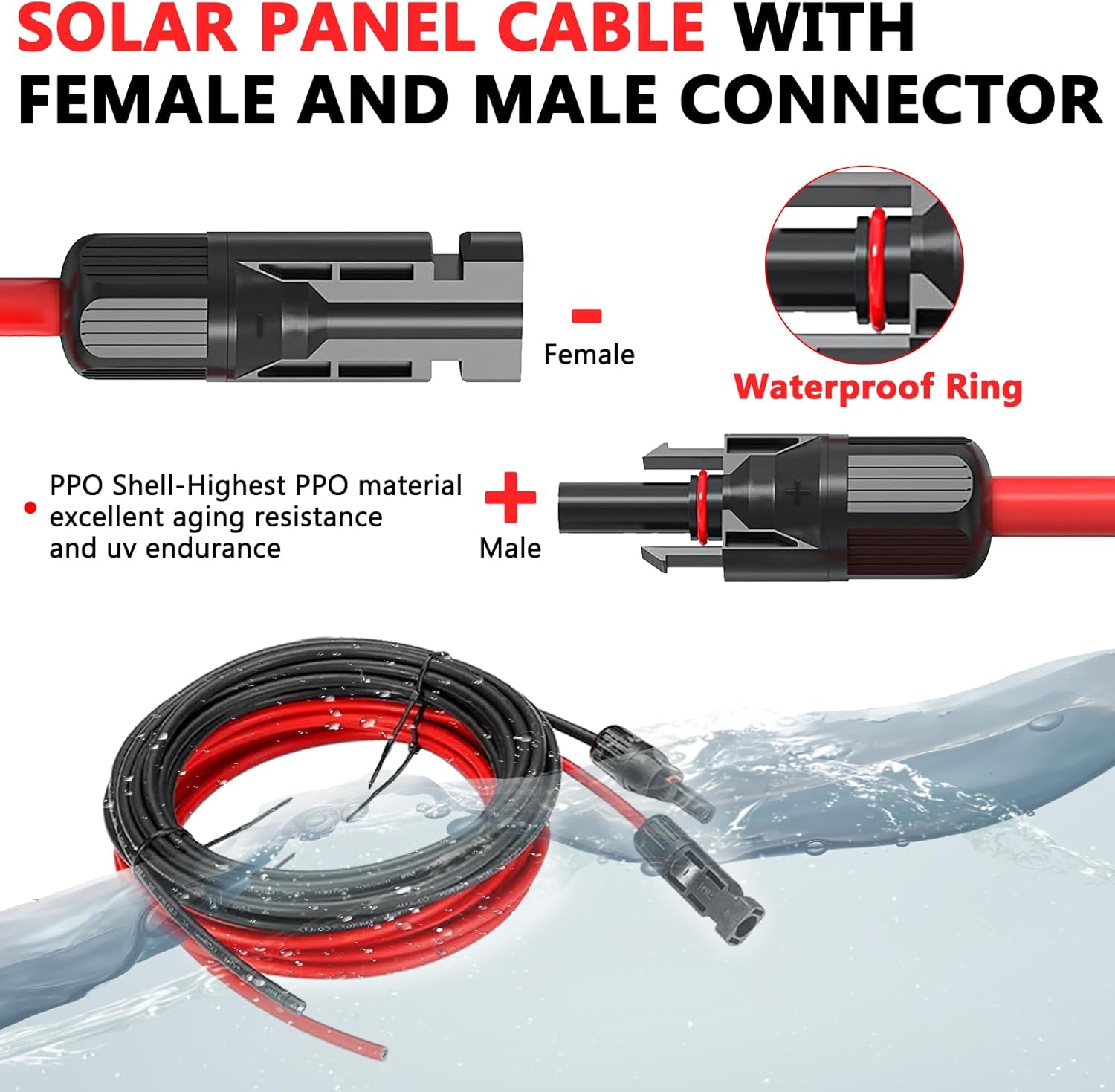 2x60 Feet Solar Panel Extension Cable, 10AWG Solar Cable, Solar Panel Cable with Female and Male Waterproof Connectors for RV, Photovoltaic Systems (60FT Red + 60FT Black)