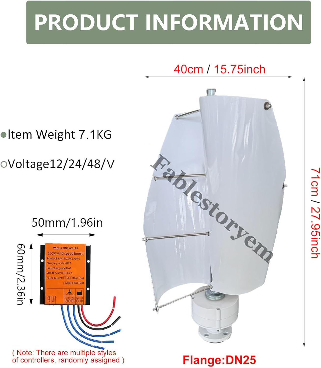 12000W Vertical Wind Turbine Generator Kit, 12V/24V/48V 2 Blades Helical Magnetic Levitation Shaft Vertical Wind Turbine with MPPT Controller, Suitable for Home Factory Use,E-24V