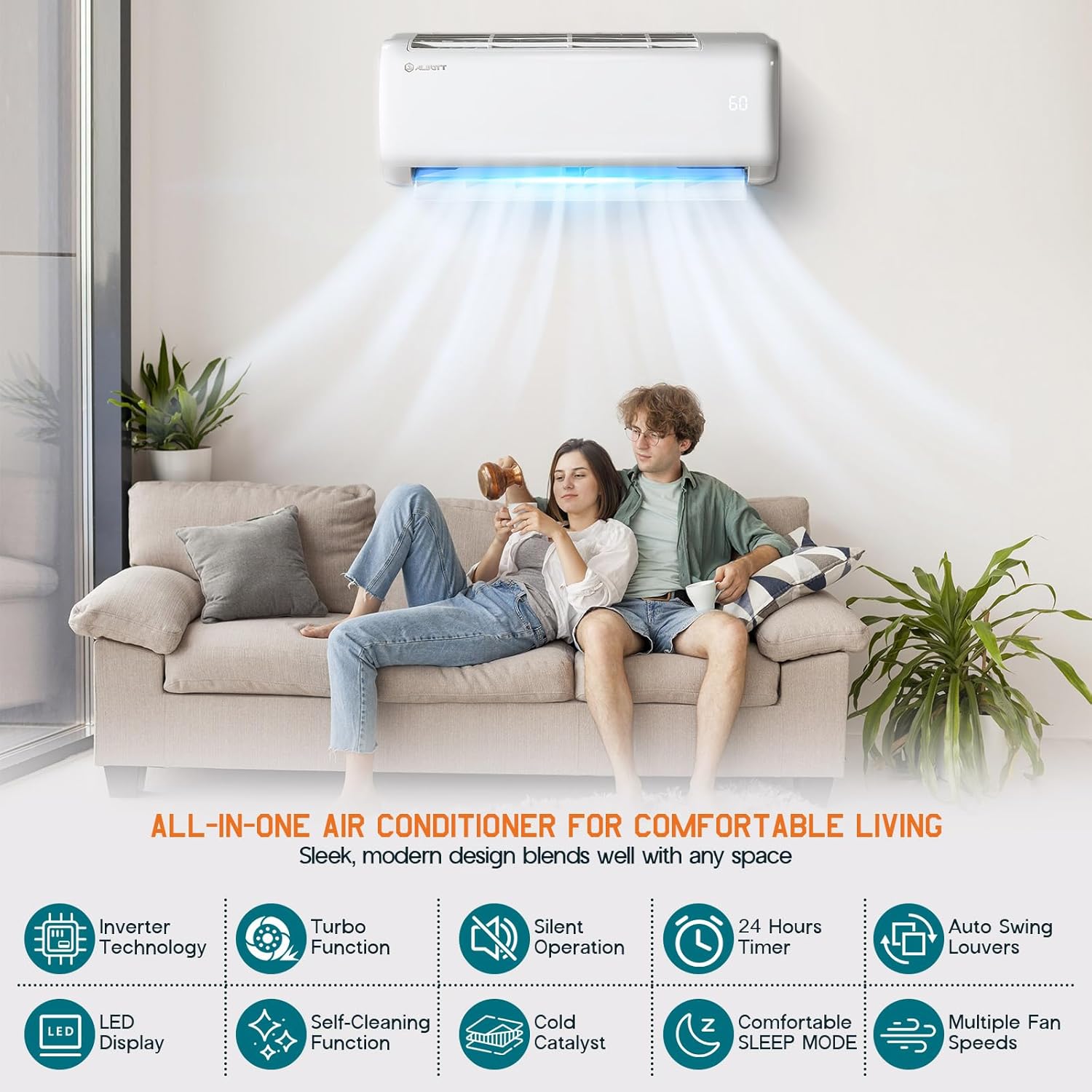 Albott 12000 BTU Ductless Mini Split Air Conditioner and Heat Pump, SEER2 18.5, 220V Inverter AC, Cools up to 750 Sq. Ft, Energy Efficient, Self-Cleaning, Including Remote