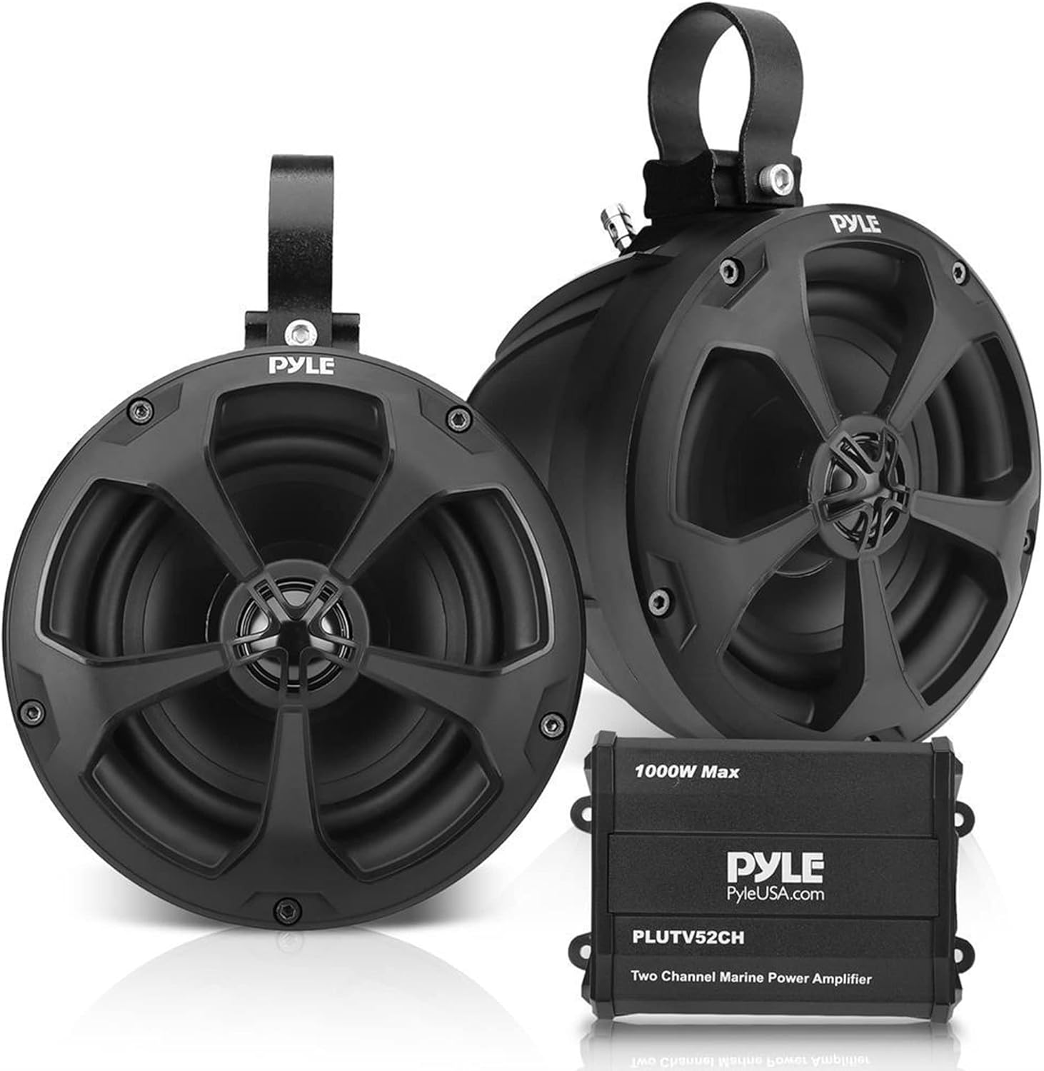 PYLE, Marine Speakers, Boat Speakers, 1000W 5.25 Inch, Waterproof Off-Road System, 2-Channel Amp, Full Range Stereo, ATV/UTV/Jeep, Includes Mounting Brackets & Wiring, IP-X45 Rated, PLUTV52CH