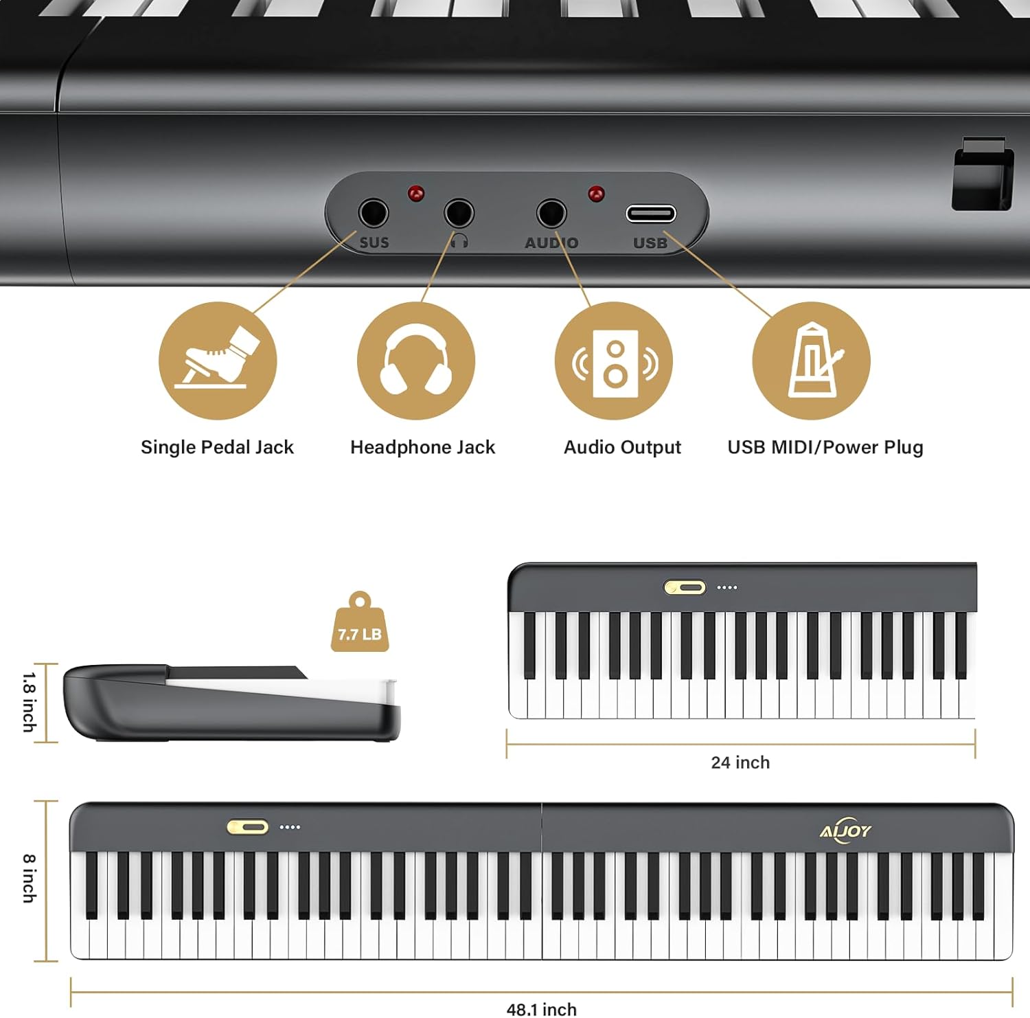 Portable Keyboard Piano 88 Key, Digital Piano with Magnetic Connection for Beginners, Travel Foldable Electric Piano Keyboard, Sensitive Keys, Sustain Pedal, Sheet Music Stand, Piano Bag