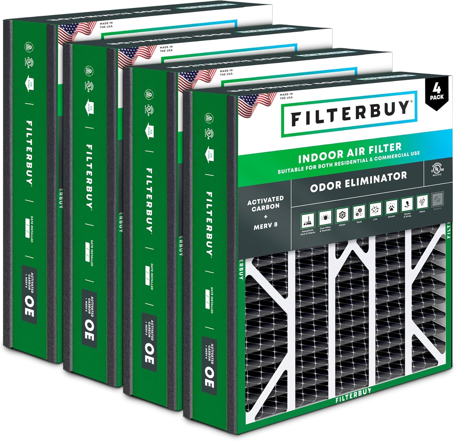 Filterbuy 20x25x5 Air Filter MERV 8 Odor & Allergy Defense with Activated Carbon (4-Pack), Electrostatic Pleated HVAC AC Furnace Filters for Trion Air Bear & More (Actual Size: 19.63 x 24.13 x 4.88)