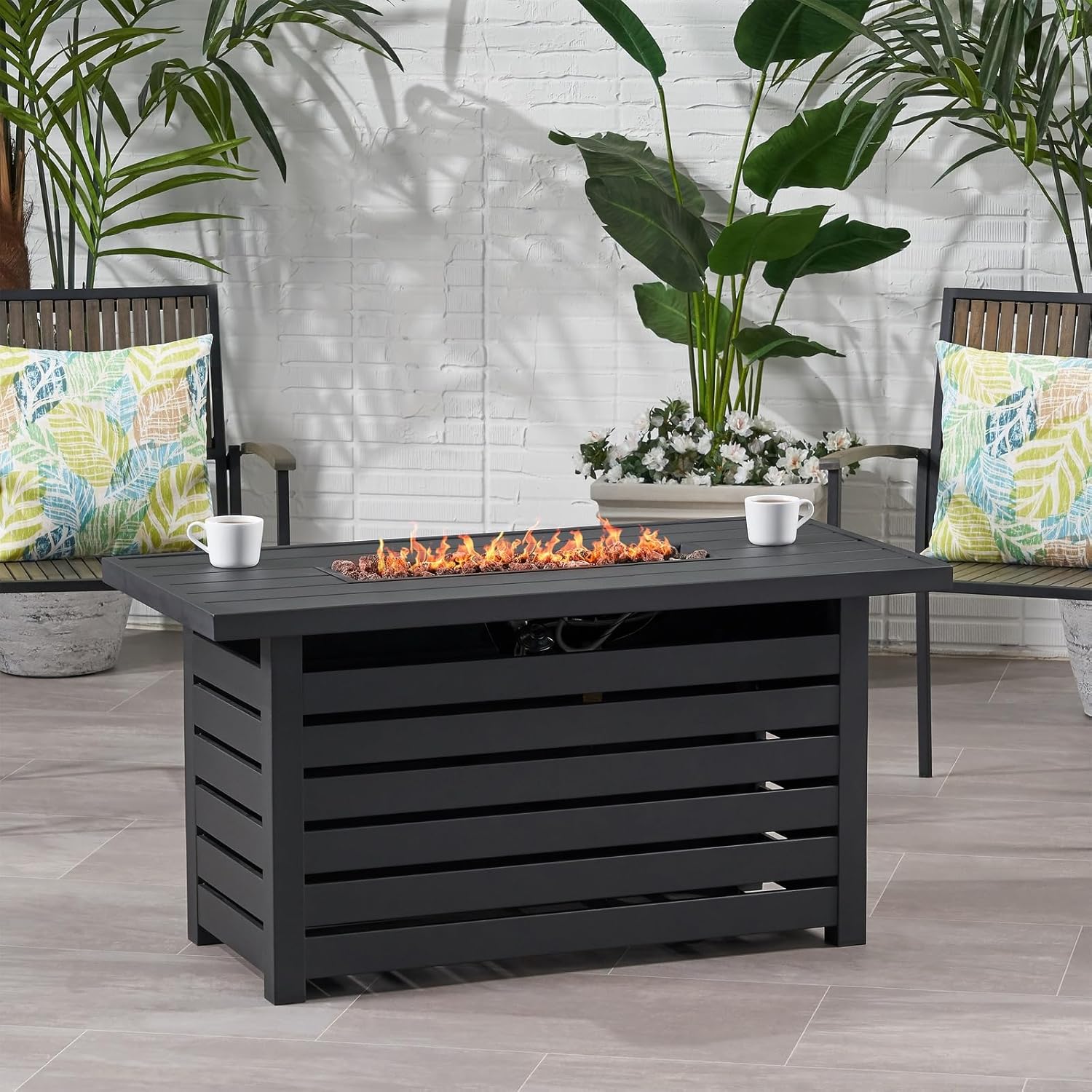 Penau Rectangular Iron Fire Pit, 30,000 BTU, Hidden Propane Tank Compartment, Black, Durable Iron Build, Perfect for Outdoor Gatherings