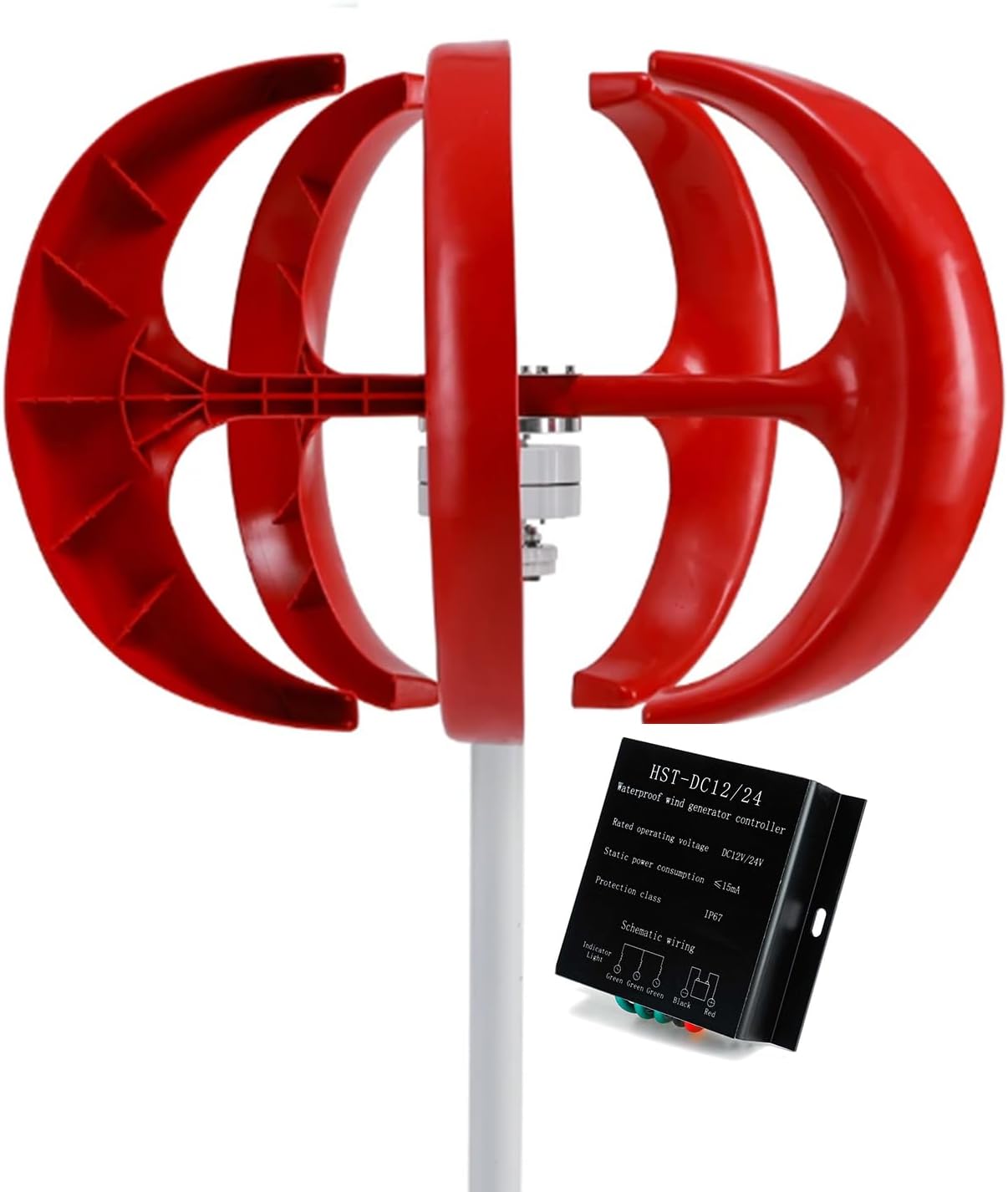 Wind Turbine Generator with Controller,1500W 12V 24V 48V Low Speed Start 5 Blades Vertical Wind Generator for Outdoor Street Lights(Red)