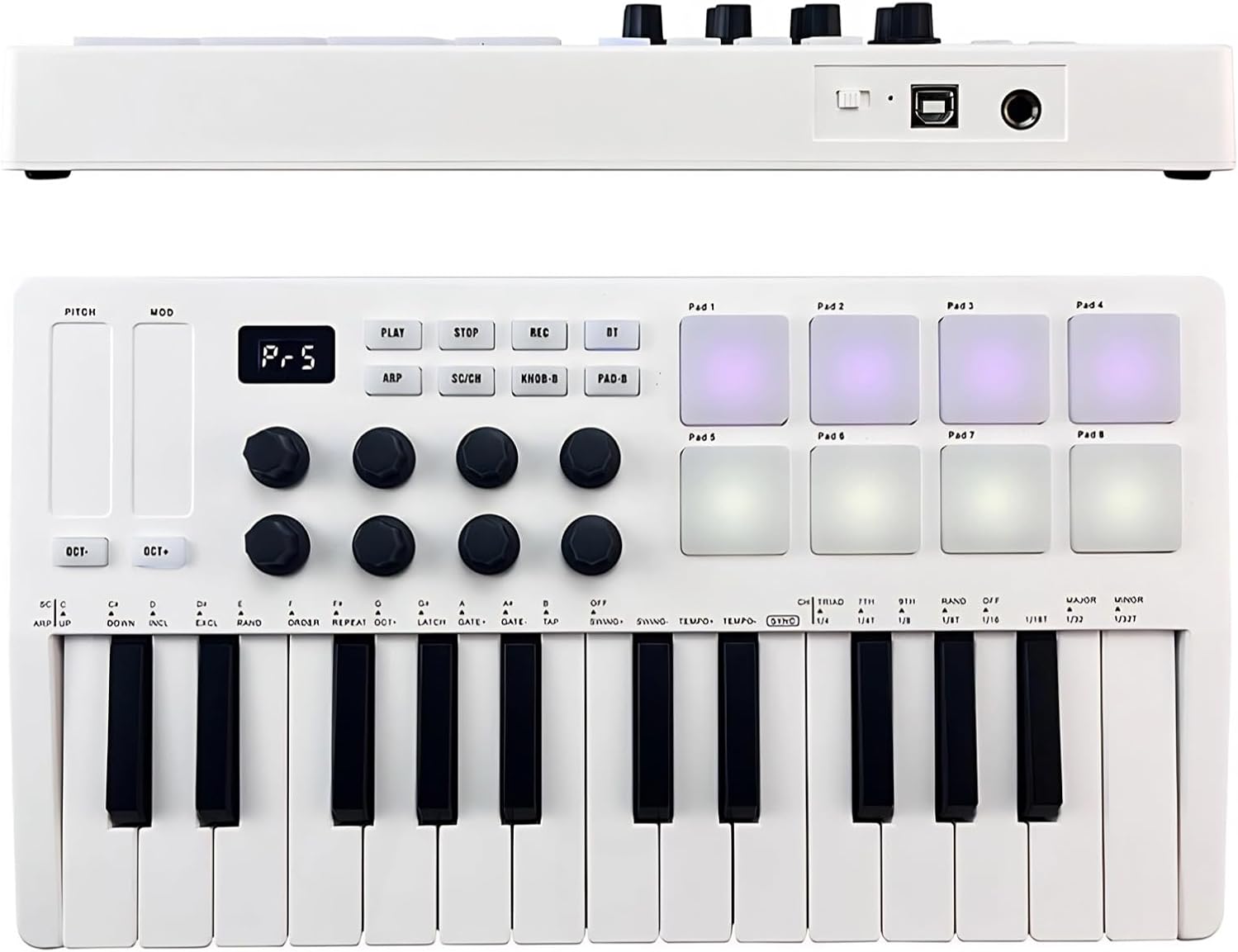 MIDI Keyboard Controller, 25 Key Portable Bluetooth MIDI Controller with 8 Backlit Drum Pads 8 Knobs, Mini Beat Maker for Music Production for Beginners Music making