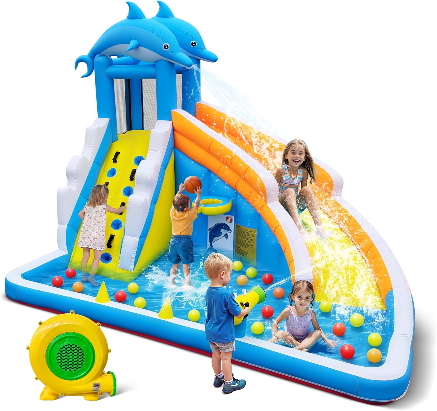 Culaluva Inflatable Water Slide for Kids: 5 in 1 Dolphin Blow up Bounce House - Splash Pool Cannon Climbing Wall Basketball Rim 480W Blower - for Backyard Outdoor Birthday Party