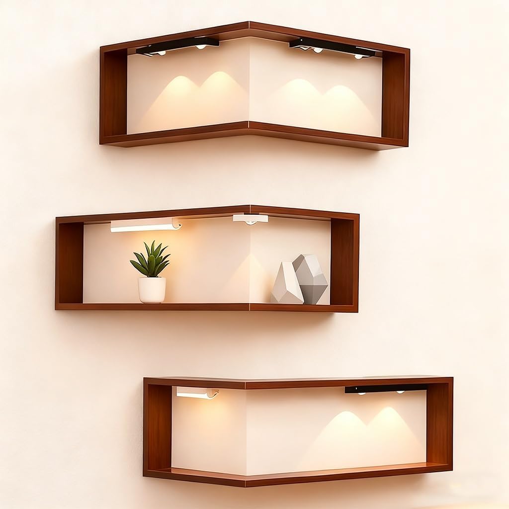 Smart Corner Shelves That Light up Your Space, Illuminated Corner Shelf, Wooden Wall-Mounted Display, Space-Saving，Floating Storage Shelves, for Figurines and Collectibles(3pc-(with Light*6))