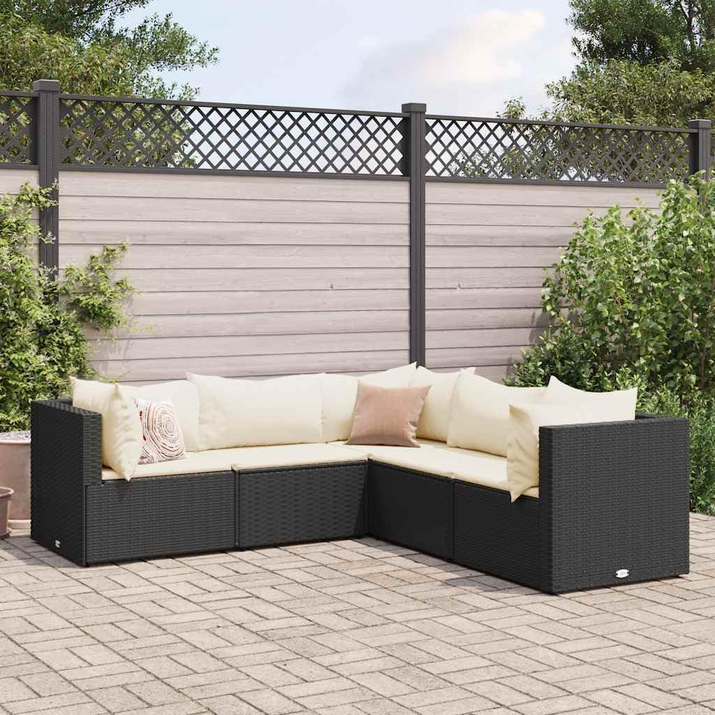 5 Piece Patio Lounge Set with Cushions Black Poly Rattan Garden Furniture