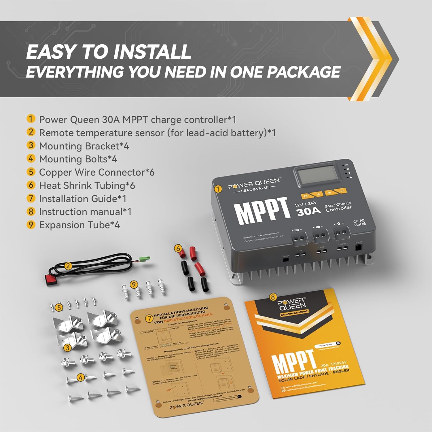 Power Queen 12/24V 30 Amp MPPT Solar Charge Controller with Built-in Bluetooth, Support Remote Monitoring, Default for LiFePO4 Batteries and Compatible with Sealed, Flooded, Gel and Lead-Acid Battery