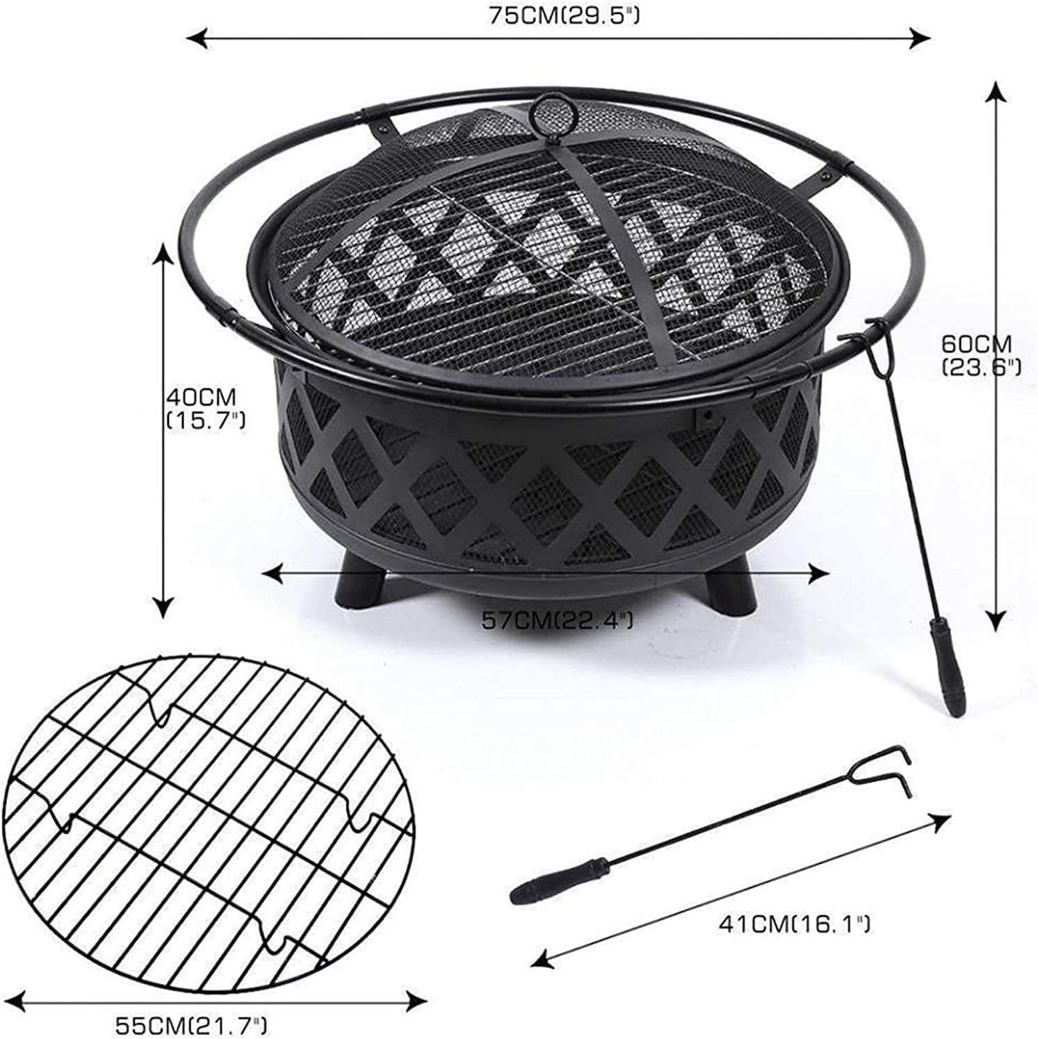 2-in-1 Outdoor Fire Pits Outdoor Fire Tables,29.5in Heavy Duty Fire Pits Outdoor Wood Burning Steel BBQ Grill Fire Pit Bowl with Spark Screen Cover