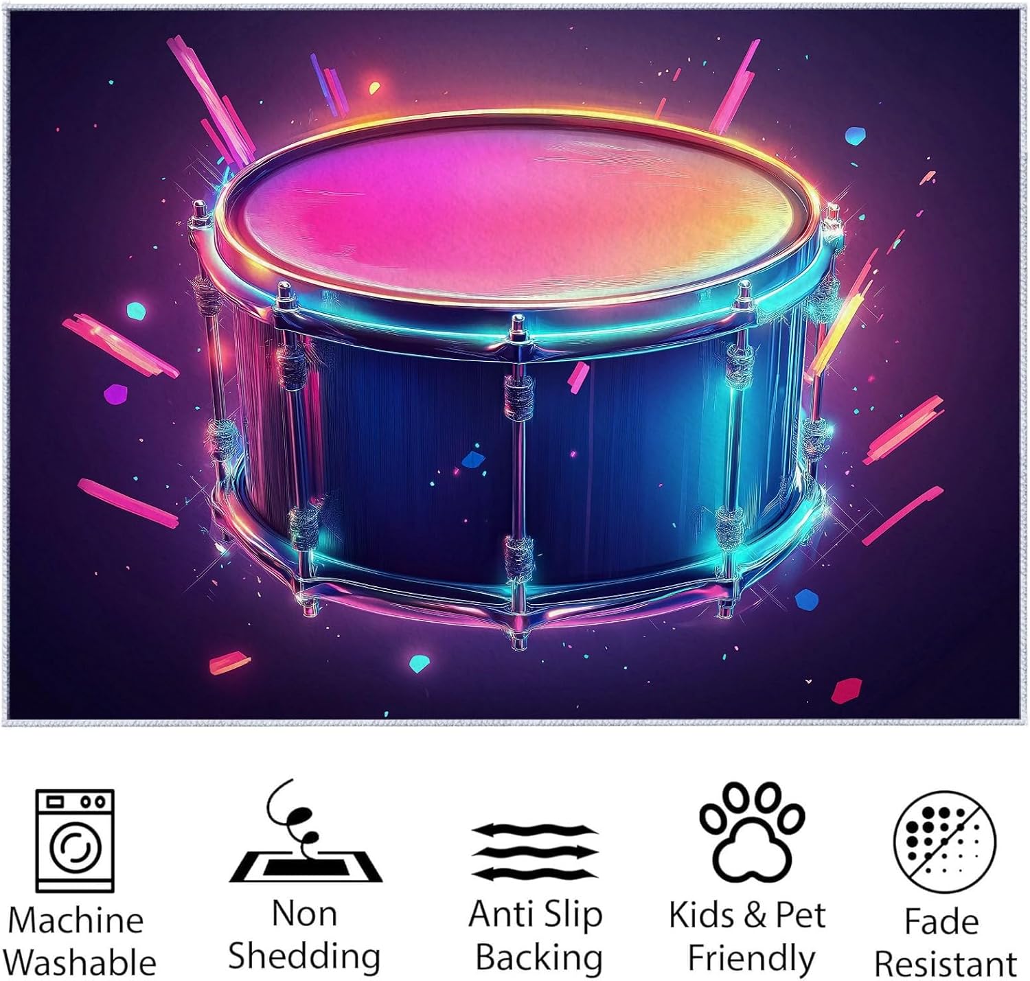 Machine Washable Area Rugs with Non-Slip Backing, Game Art Style Neon Drums Indoor Rug Low Pile Floor Carpet Music Drum for Dining Room Bedroom Dorm Office Home Decor 4x6 ft