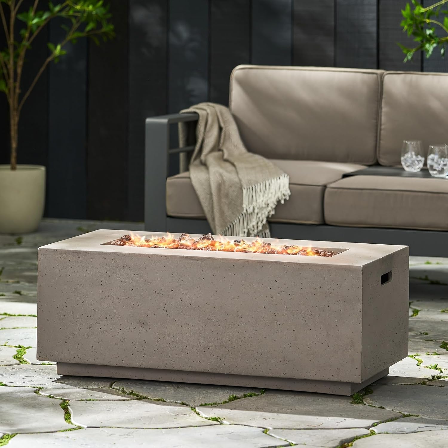 Penau 40 Inch Outdoor Propane Fire Pit - 40,000 BTU, Rectangular MgO Concrete, Dark Grey Modern Design, No Assembly, Perfect for Patios & Backyards