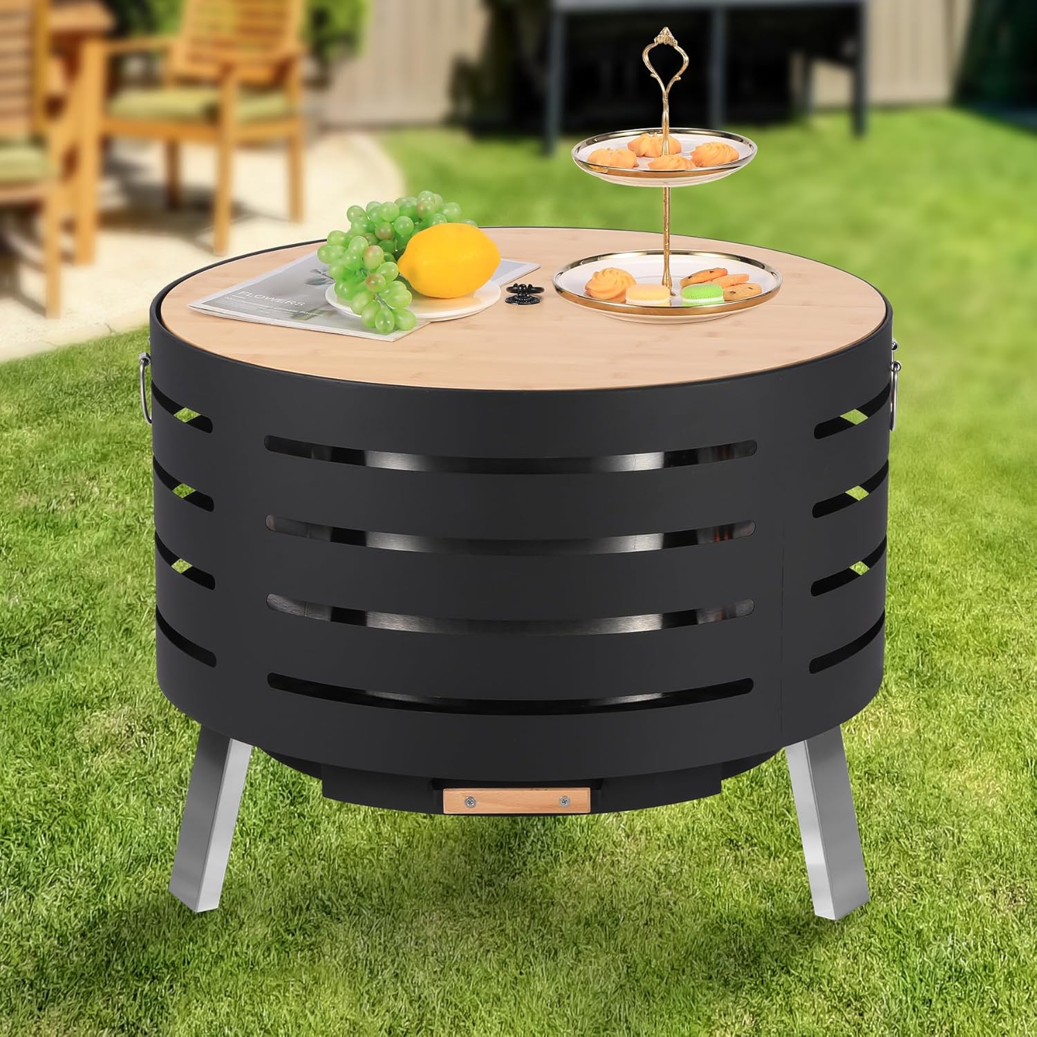 30 inch Smokeless Fire Pit Outdoor - Outside Wood Burning with 360° Airflow, Removable Ash Pan & Bamboo Lid Rainproof Cloth - Low Smoke Backyard Fire Pit for Patio, Camping, Bonfire