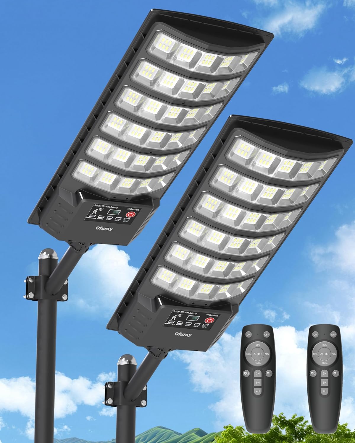 Ofuray Solar Flood Lights Outdoor,5AH High Power Solar Security Parking Lot Lights Dusk to Dawn with 5 Modes,7000k Daylight with Remote Control for Wall,Backyard,Outside OZL-2Pack