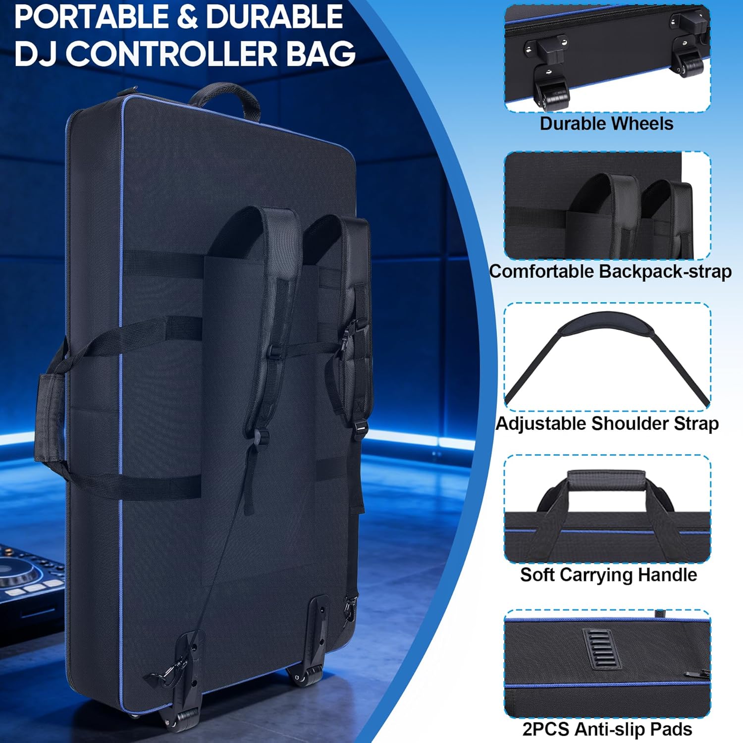 DJ Controller Case with Wheels Compatible with XDJ-AZ/XDJ-XZ/DDJ-SZ/RZ, Rolling DJ Travel Gig Bag with 10MM Soft Padded & Multi-pocket for DJ Controller & Accessories (with Wheels)