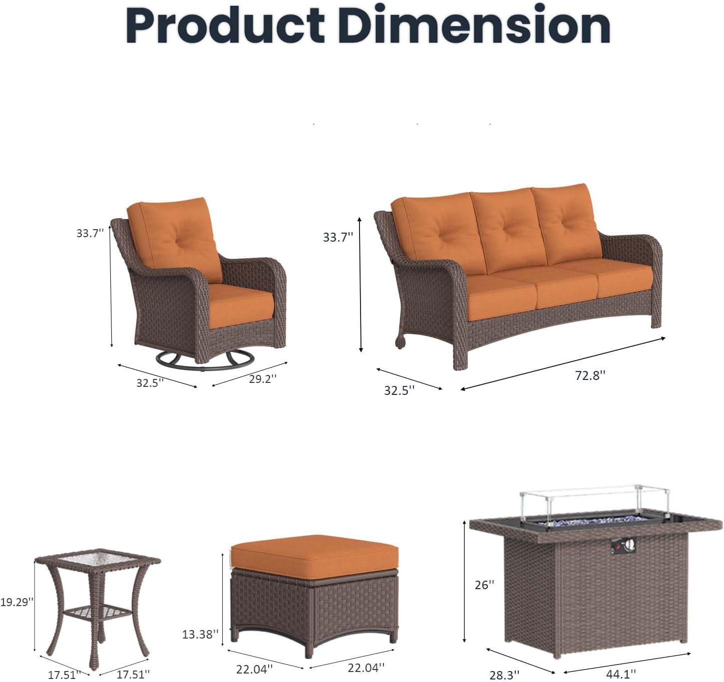10 Pieces Outdoor Patio Furniture Sets with Rocking Swivel Chairs with 6-inch Thick Cushion and Fire Pit Table for Deck Lawn