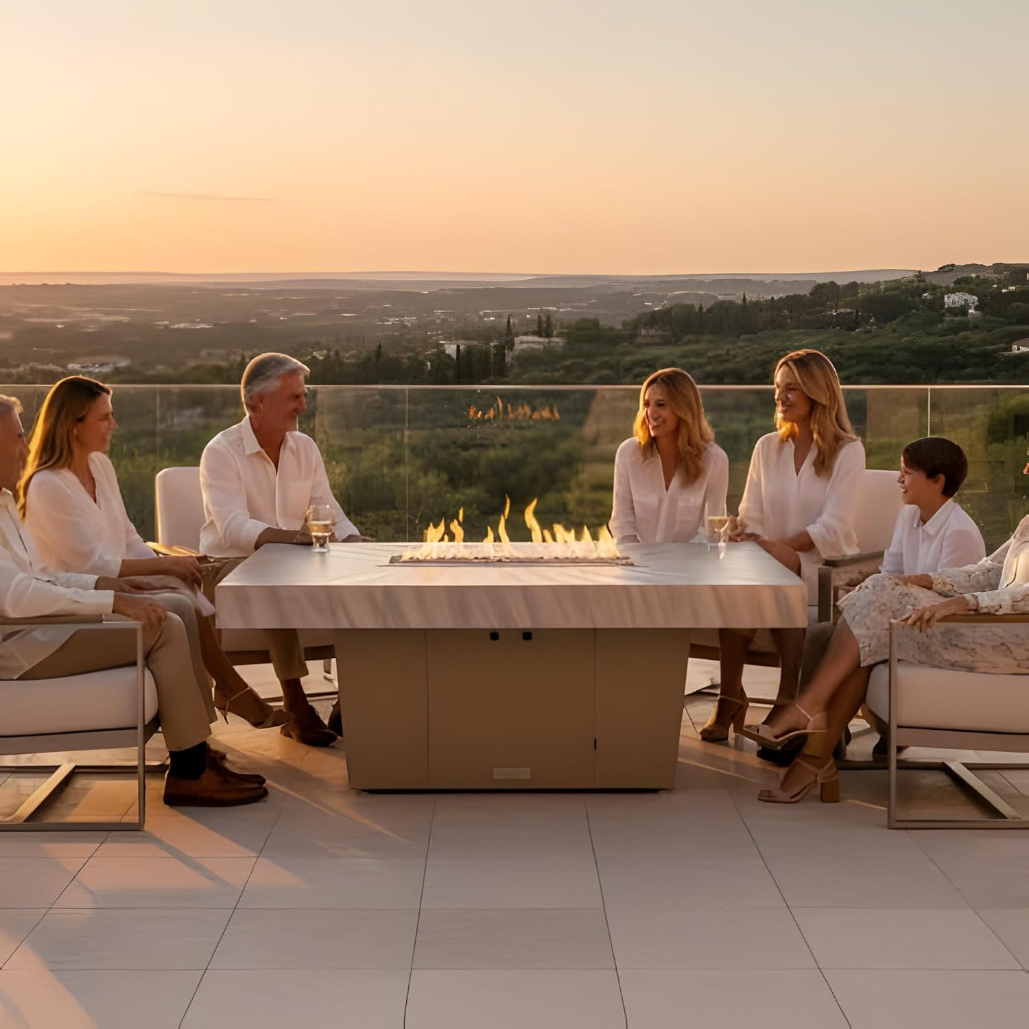 COOKE Palisades Rectangular Fire Pit Table - 52x36 - Chat Height - Natural Gas - Brushed Aluminum Powdercoat Top with 6cm Edge - Beige Powdercoat Base