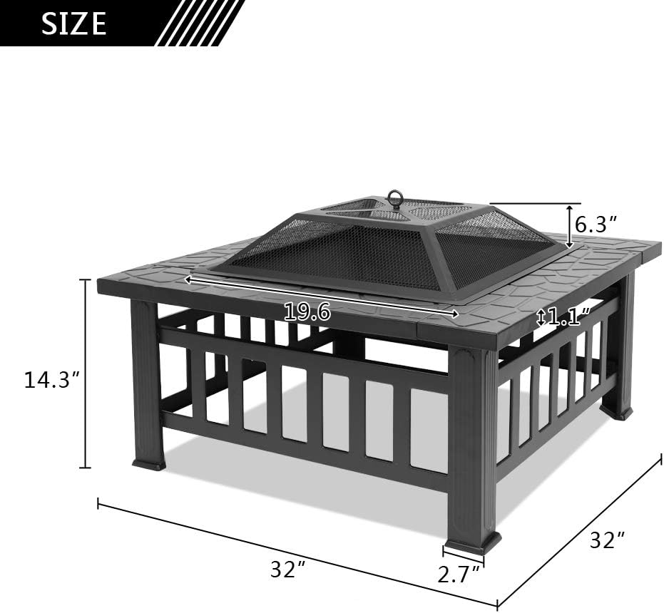 32 Inch Outdoor Metal Square Patio Table Fire Pit, Multifunctional Terrace Backyard BBQ Grill Garden Stove Ice Pit - Wood Burning Fireplace with Mesh Spark Screen Top, Wood Grate and Poker