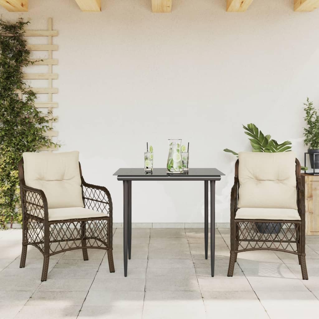 3 Piece Bistro Set with Cushions Brown Poly Rattan,Outdoor Patio Bistro Furniture Set with Comfortable Cushions and Durable PE Rattan for Garden, Backyard, and Balcony Outdoor Furniture Sets, Patio Fu