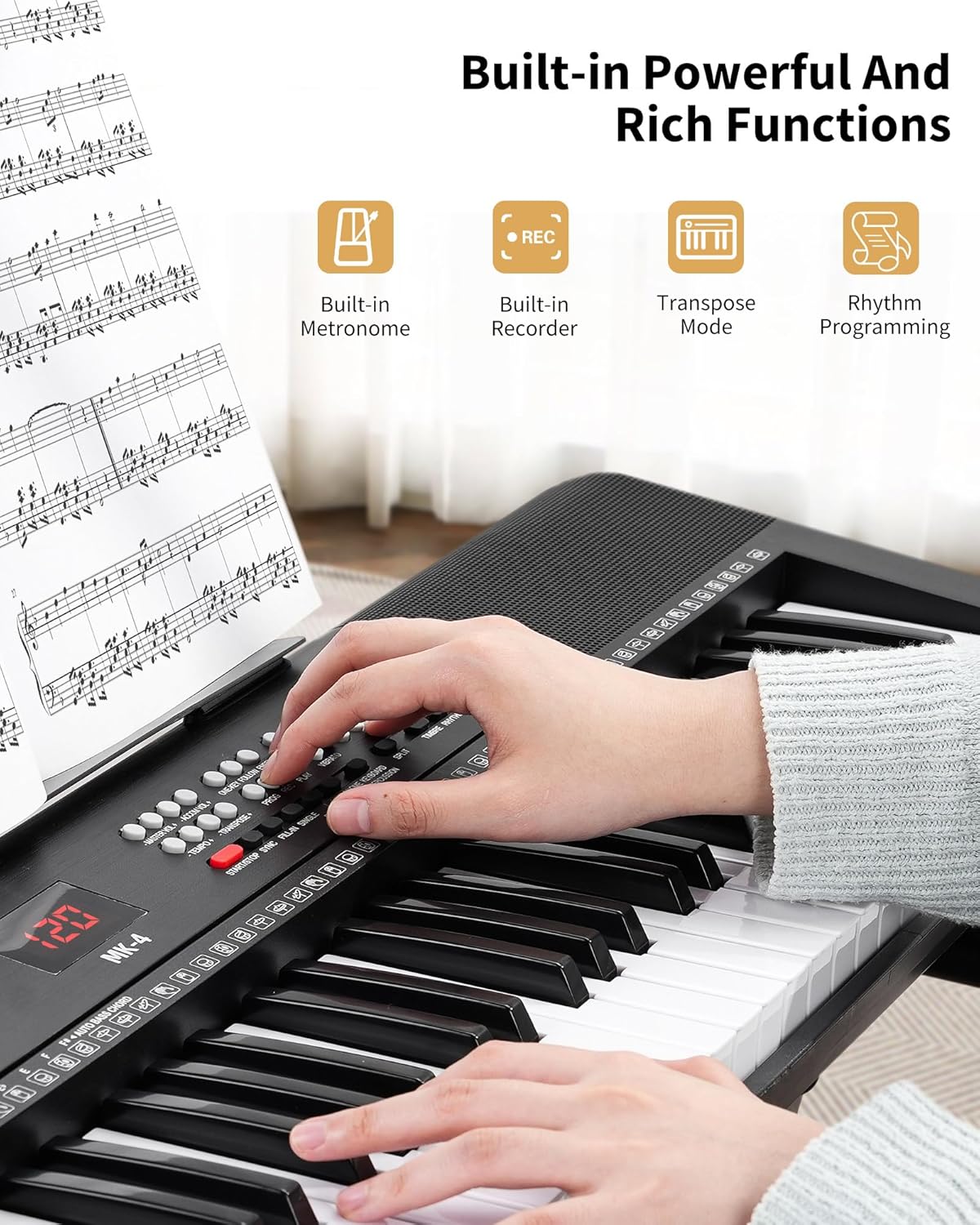 61 Keys Compact Keyboard Piano with Foldable Mini Stand, Built-in 255 Sounds, 255 Rhythms, 24 Demos, Includes Sheet Music Stand, Note Stickers & Power Supply, Gift for Beginners, Black
