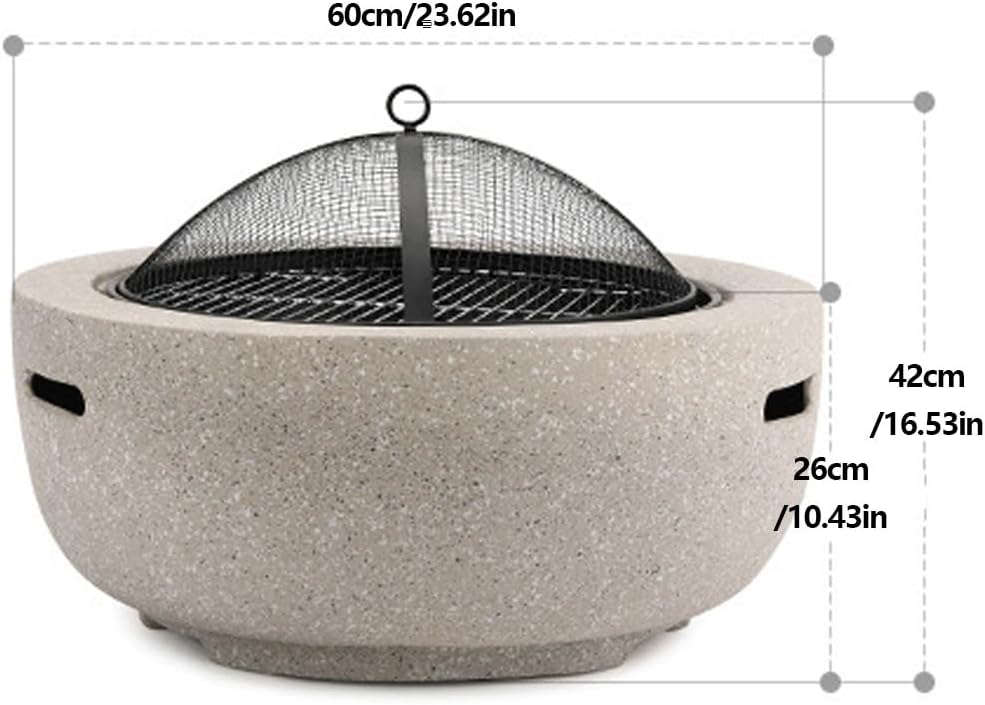 Concrete Fire Pit Table 23.6 Inch Round Wood Burning and Charcoal Grill with Spark Screen and Poker Modern Outdoor Fire Pit for Patio Garden Backyard BBQ and Heating