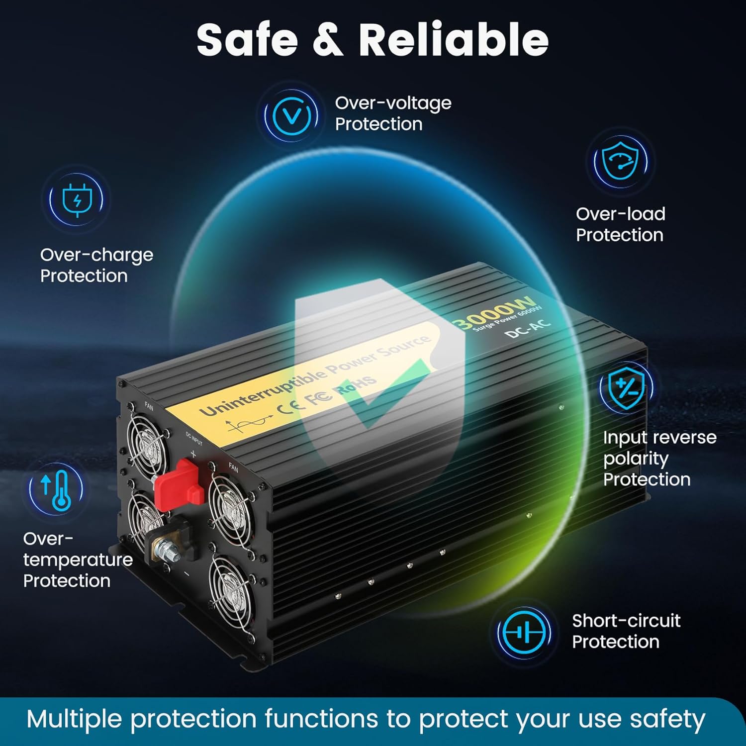 New Upgrade 3000W Pure Sine Wave Inverter Charger, Auto Transfer Switch, Remote Control, DC 12V to 120V AC with LCD Display, Ideal for Off-Grid & Emergency Power