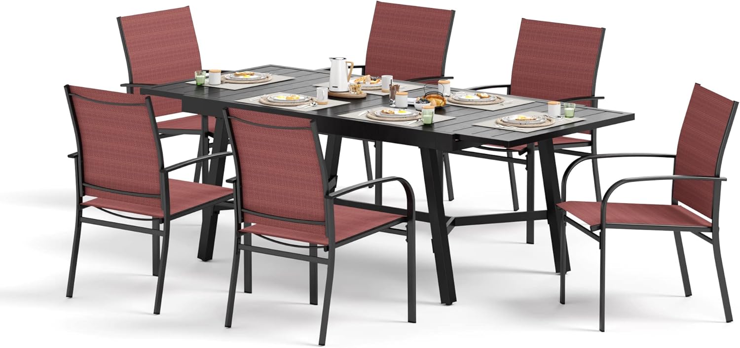 Outdoor Dining Chairs Red Set of 6,61.4x37.4x29.5” Rectangular Dining Table（Extendable）,Patio Dining Set 7 PCS,Patio Dining Set for Outdoor Kitchen Lawn Garden,Bistro,Deck.