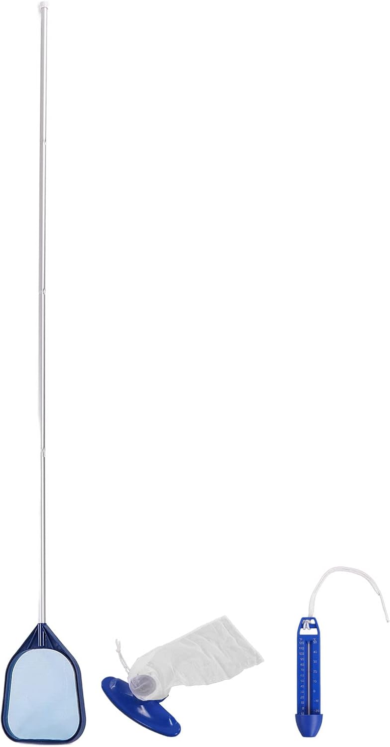 Pool Cleaning Kit Multifunctional Suction Head Leaf Rake Net Thermometer Set with Aluminum Rods for Swimming Pools Hot Tubs and Spas