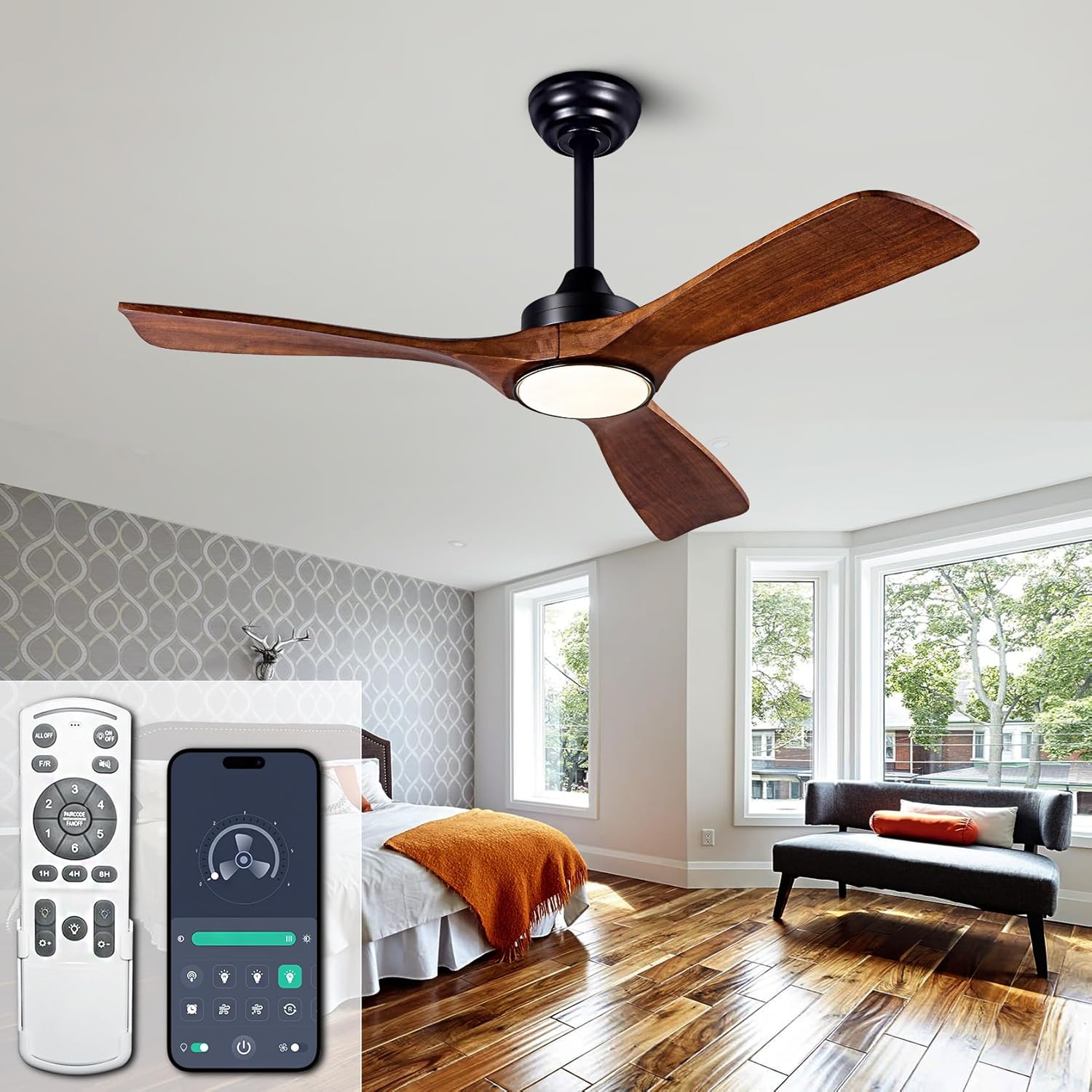 42 Inch Black Ceiling Fans with Lights and Remote,Dimmable LED Light,Quite Reversible DC Motor,Memory Function,Modern Solid Wood Indoor Outdoor Ceiling Fan with Light for Office Patios
