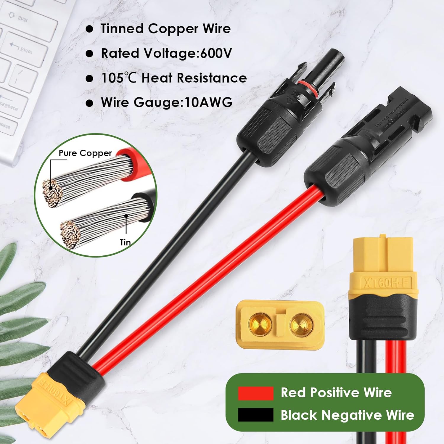 Solar to XT60 Extension Cable 10AWG 50FT Solar Connector to XT60 Adapter Cable for Solar Panel to Portable Power Station Solar Generator Battery Pack