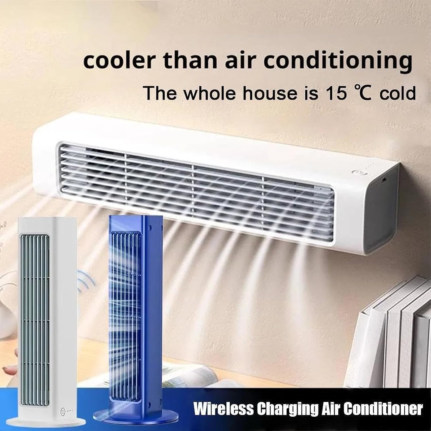 Portable Wireless Air Conditioner Fan, No Drilling Wall Mounted Cooling Fan, 3 Speed Air Cooler for Bedroom, Office, Home, Car with Instant 10s Cooling(Blue,Blue)