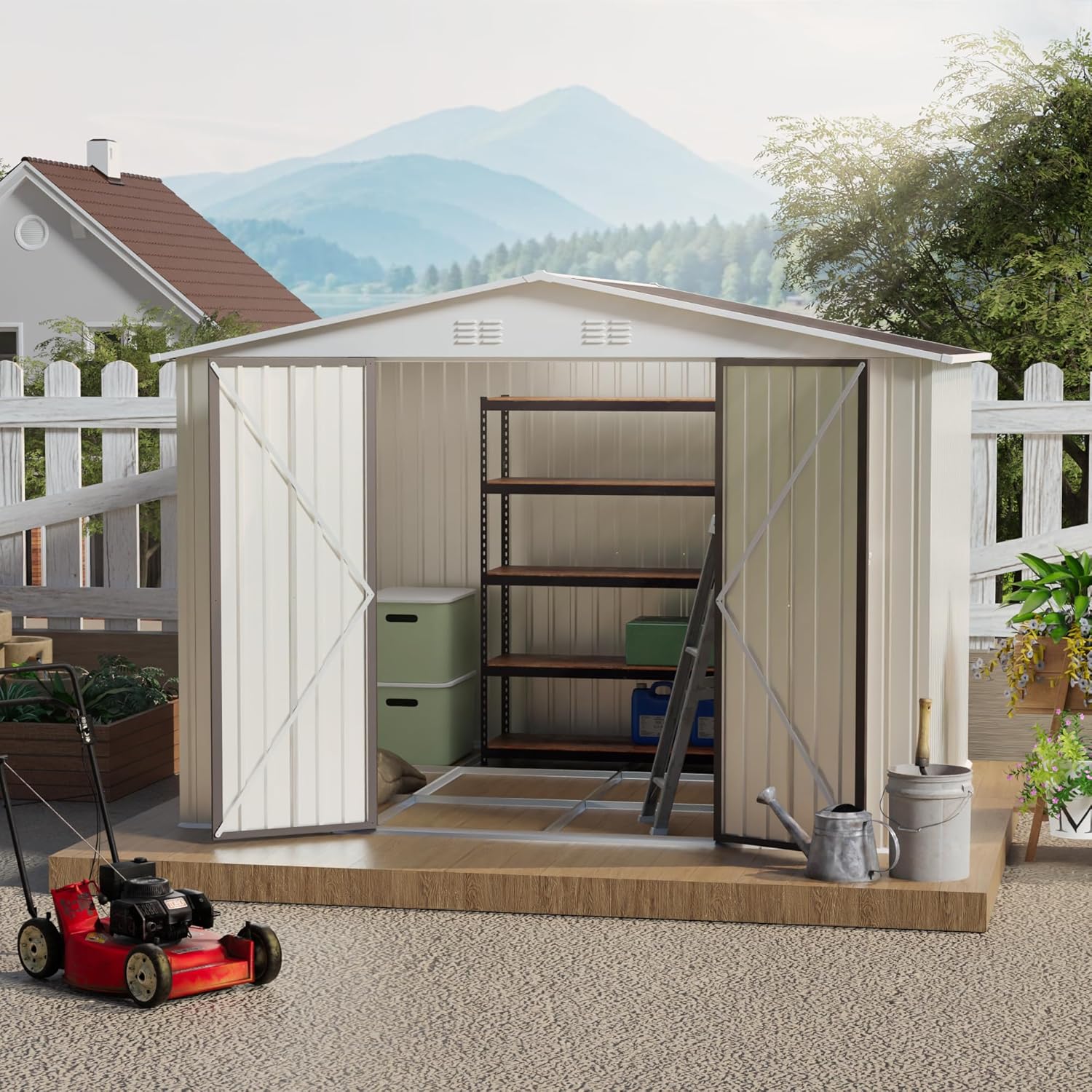 LifeSky 10x8 Outdoor Garden Shed: Aluminum Alloy Frame Tool Storage Building - Modern Cream White Design with Hinge Door & Ventilation for Urban Homestead Backyard Organization