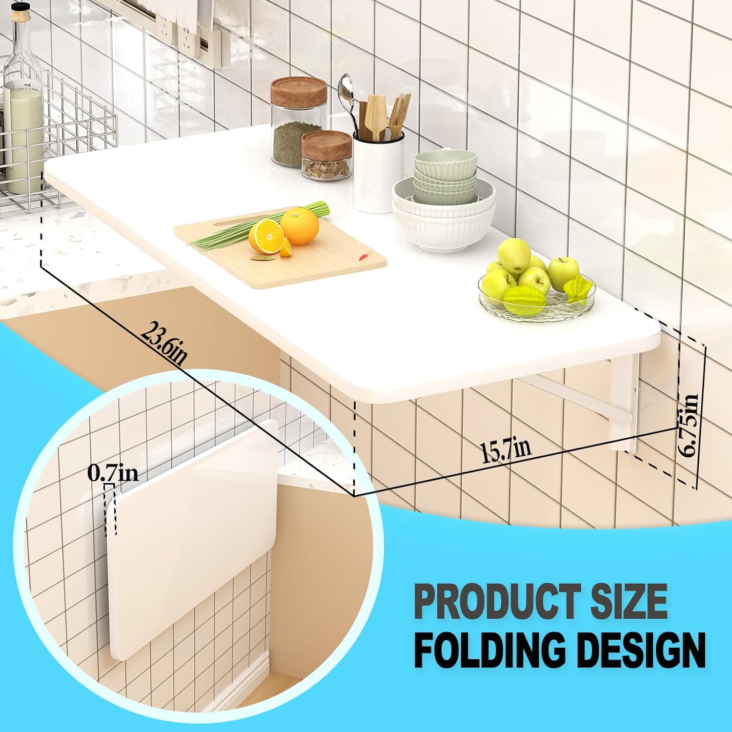 Wall Mounted Folding Table for Laundry Room Piano Baking Paint Waterproof, Wall Mount Table Fold Down Multi Size, Foldable Desk for Kitchens、Handicraft Production、Bars、Sewing Station（White）