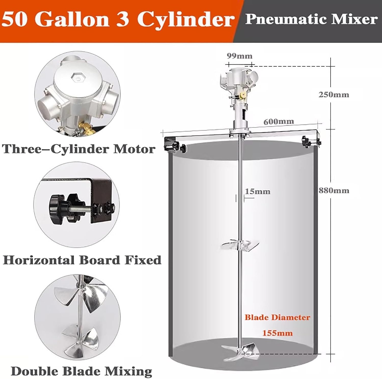 55 Gallon Pneumatic Paint Mixer, 1/2HP Tank Barrel Air Agitator, Paint Stirring Machine Mix Tool for Viscous Liquid Ink Dye