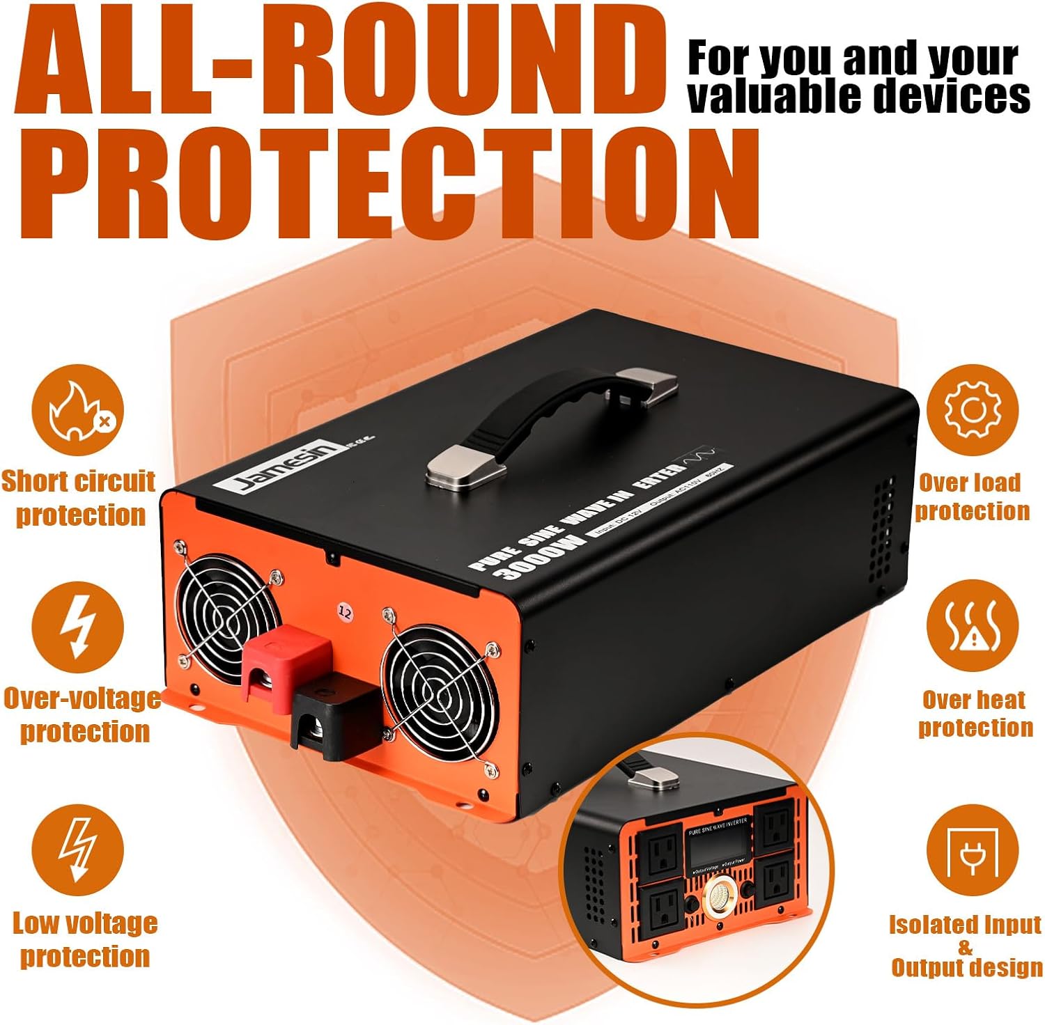 Jamesin Pure Sine Wave Inverter 3000 Watts, 6000 Watts Peak Power, 12 VDC to 110/120 VAC with LED Display for Home, Truck, Car, RV, Residential Solar Systems