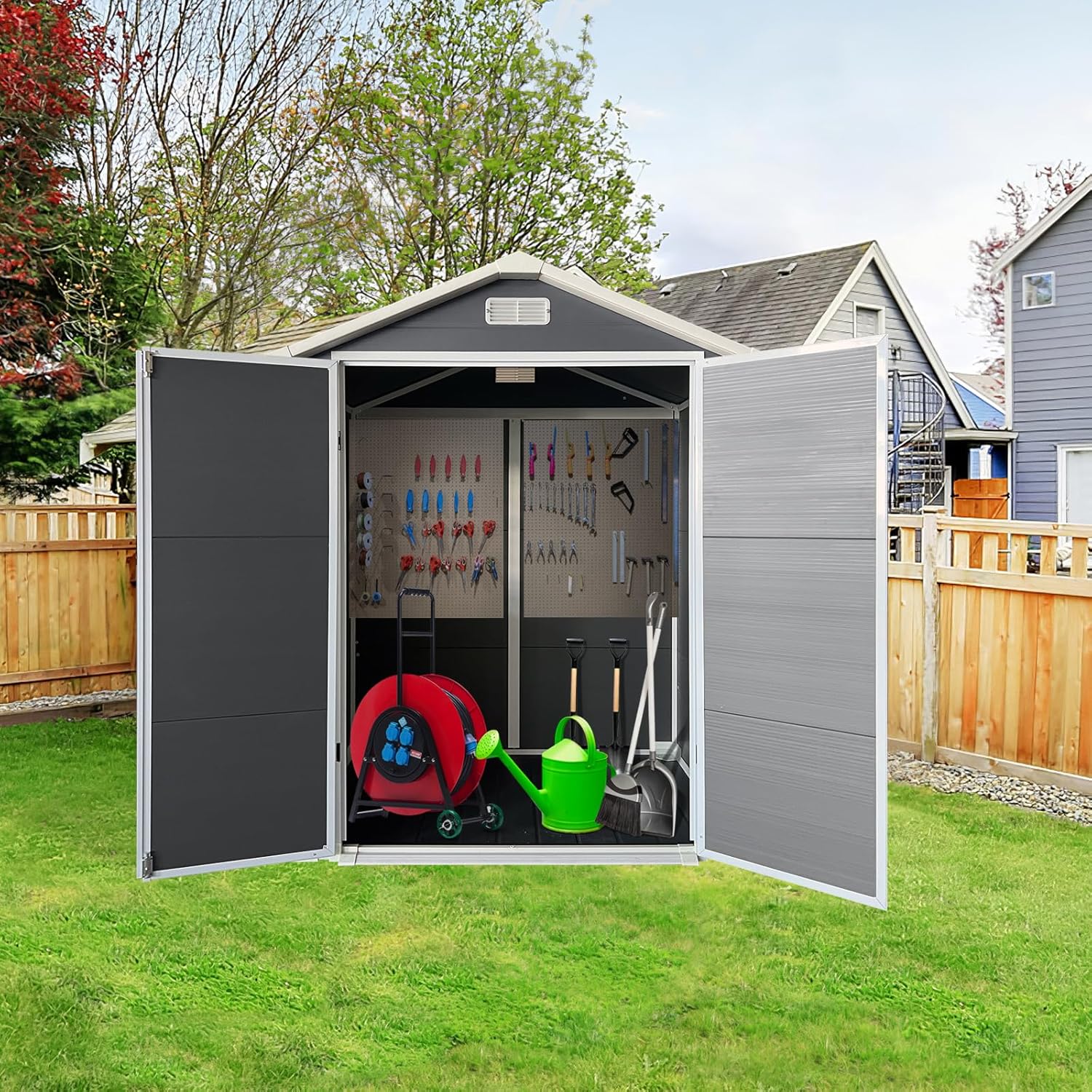 KEIKI 6x4 FT Plastic Outdoor Storage Shed, Outdoor Garden Shed with Floor & Lockable Door, Tool Shed for Backyard, Lawn, Grey