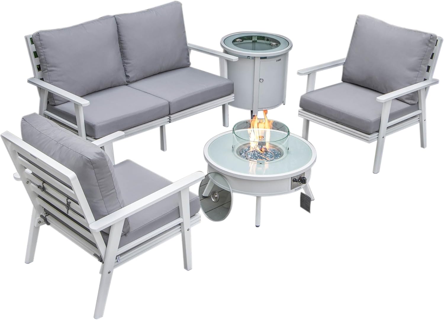 LeisureMod Walbrooke Modern Aluminum 5-Piece Patio Conversation Set with Outdoor Round Firepit Side Table Tank Holder, Grey
