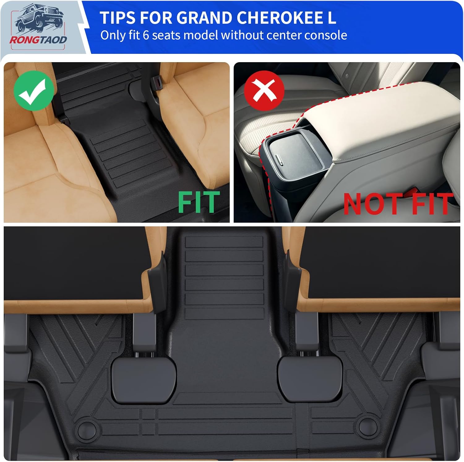 Rongtaod Floor Mats Compatible with 2021-2025 Jeep Grand Cherokee L 6 Seats Trunk Liner Cargo Mat Cargo Liner Back Seat Cover Protector 2024 Cherokee L Accessories (Trunk Mat+Backrest Mat+Floor Mats)