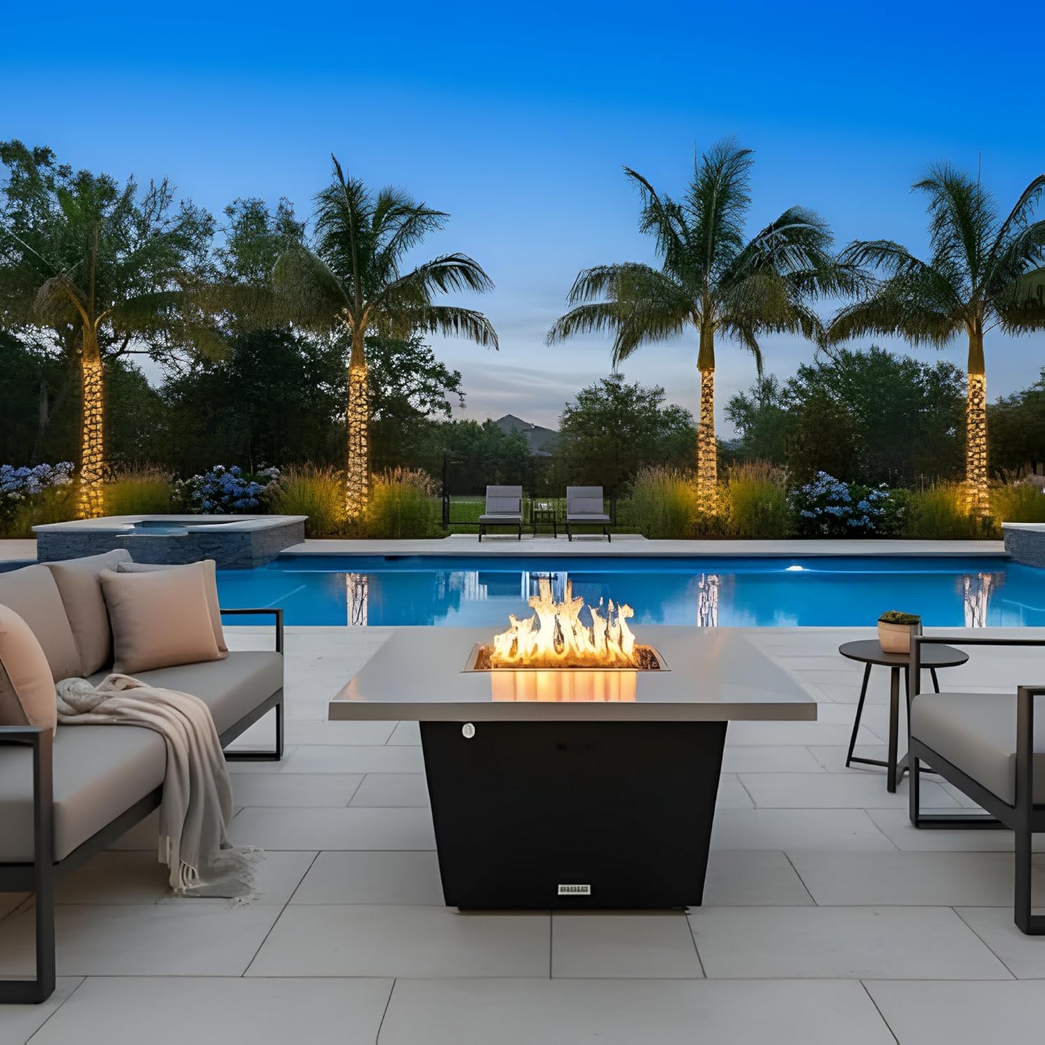 COOKE Palisades Rectangular Fire Pit Table - 52x36 - Chat Height - Natural Gas - Brushed Aluminum Top with 3cm Edge - Black Powdercoat Base