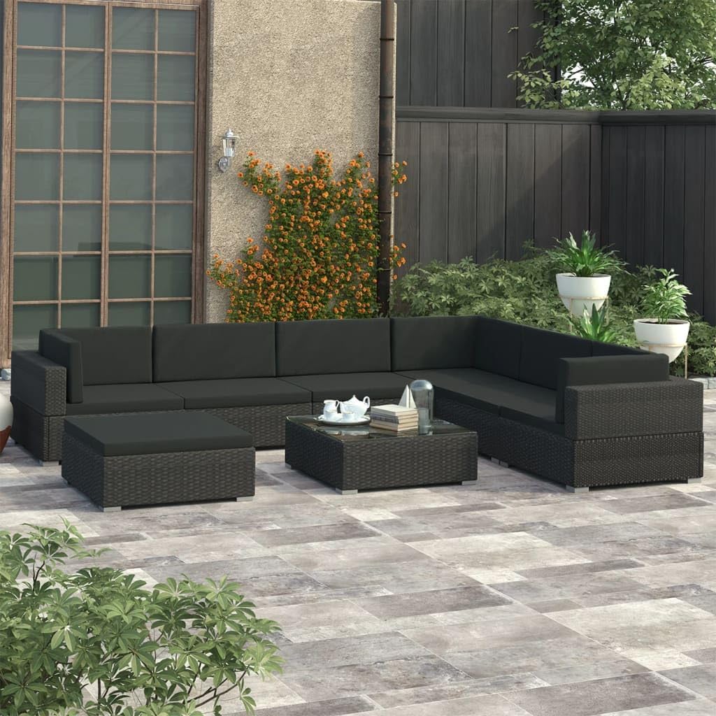 8 Piece Patio Lounge Set with Cushions Poly Rattan Black,Black Rattan Sofa Set: Comfortable and Stylish Outdoor Patio Furniture Patio Furniture Sets, Outdoor Furniture Sets